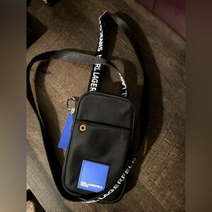 Karl Lagerfeld Black Crossbody Pouch with Blue Patch and Tag